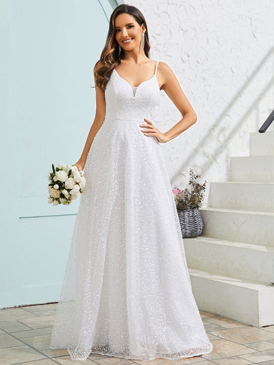 V-Neck Sleeveless Backless Paillette Tulle Wedding Dress