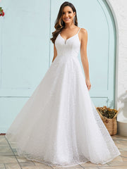 V-Neck Sleeveless Backless Paillette Tulle Wedding Dress