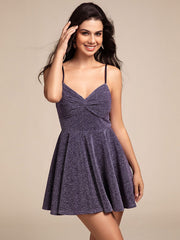 Sparkling A-Line Twist Front Short Skater Dress with Spaghetti Straps