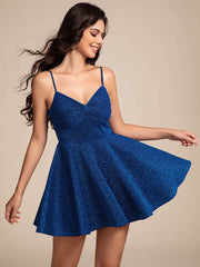 Sparkling A-Line Twist Front Short Skater Dress with Spaghetti Straps