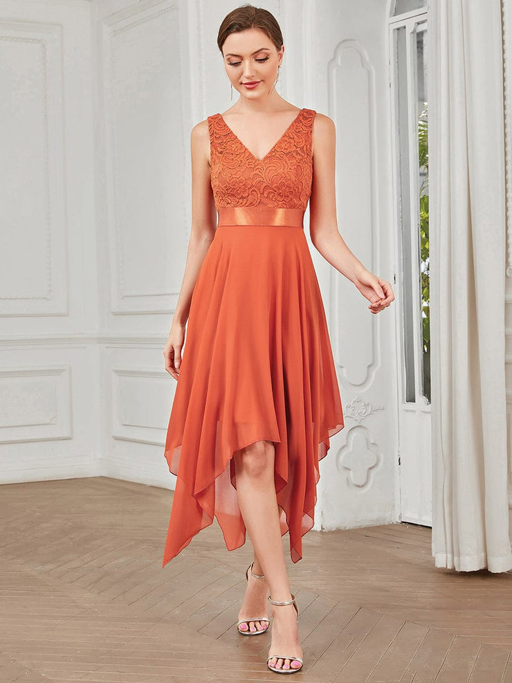 Custom Size Stunning V Neck Lace Chiffon Bridesmaid Dress