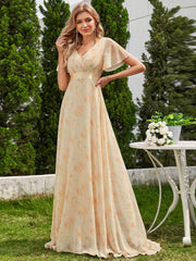 Floral Chiffon High Waist Short Sleeves Bridesmaid Dress