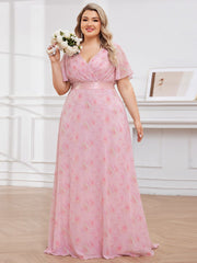 Floral Chiffon High Waist Short Sleeves Bridesmaid Dress