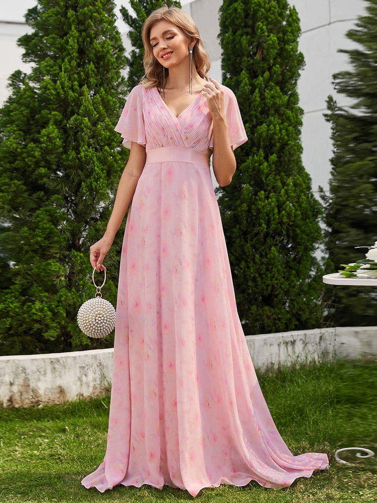 Floral Chiffon High Waist Short Sleeves Bridesmaid Dress