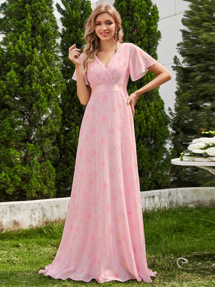 Floral Chiffon High Waist Short Sleeves Bridesmaid Dress