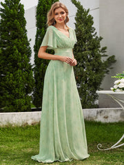 Floral Chiffon High Waist Short Sleeves Bridesmaid Dress