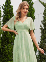 Floral Chiffon High Waist Short Sleeves Bridesmaid Dress