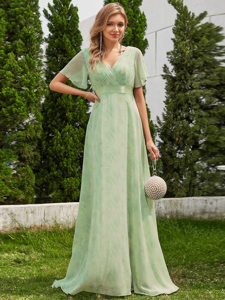 Floral Chiffon High Waist Short Sleeves Bridesmaid Dress