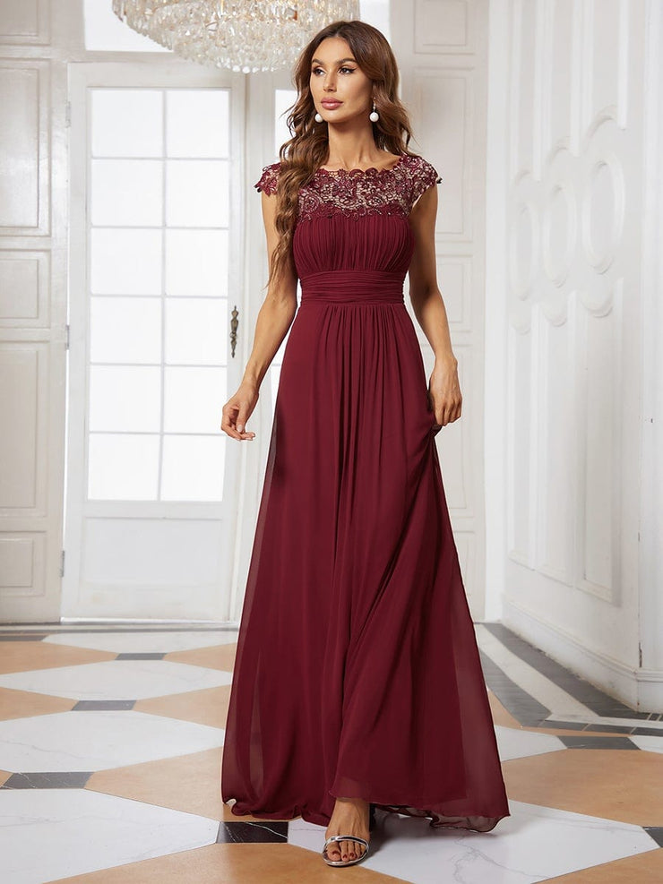 Custom Size Flattering A-Line Chiffon Lace Evening Dress for Wedding with Cap Sleeve