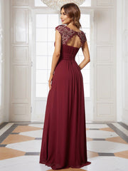 Custom Size Flattering A-Line Chiffon Lace Evening Dress for Wedding with Cap Sleeve