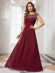 Custom Size Flattering A-Line Chiffon Lace Evening Dress for Wedding with Cap Sleeve