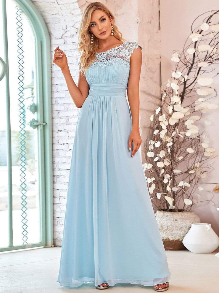 Custom Size Flattering A-Line Chiffon Lace Evening Dress for Wedding with Cap Sleeve