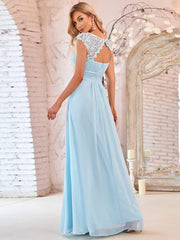 Custom Size Flattering A-Line Chiffon Lace Evening Dress for Wedding with Cap Sleeve