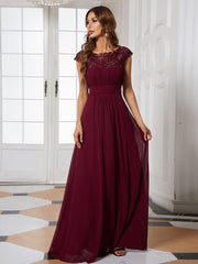 Custom Size Flattering A-Line Chiffon Lace Evening Dress for Wedding with Cap Sleeve