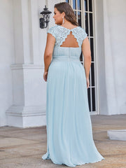 Custom Size Flattering A-Line Chiffon Lace Evening Dress for Wedding with Cap Sleeve