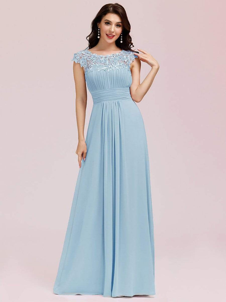 Custom Size Flattering A-Line Chiffon Lace Evening Dress for Wedding with Cap Sleeve