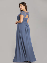 Custom Size Flattering A-Line Chiffon Lace Evening Dress for Wedding with Cap Sleeve