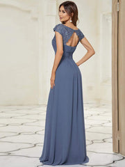 Custom Size Flattering A-Line Chiffon Lace Evening Dress for Wedding with Cap Sleeve