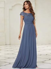 Custom Size Flattering A-Line Chiffon Lace Evening Dress for Wedding with Cap Sleeve