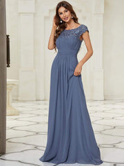 Custom Size Flattering A-Line Chiffon Lace Evening Dress for Wedding with Cap Sleeve