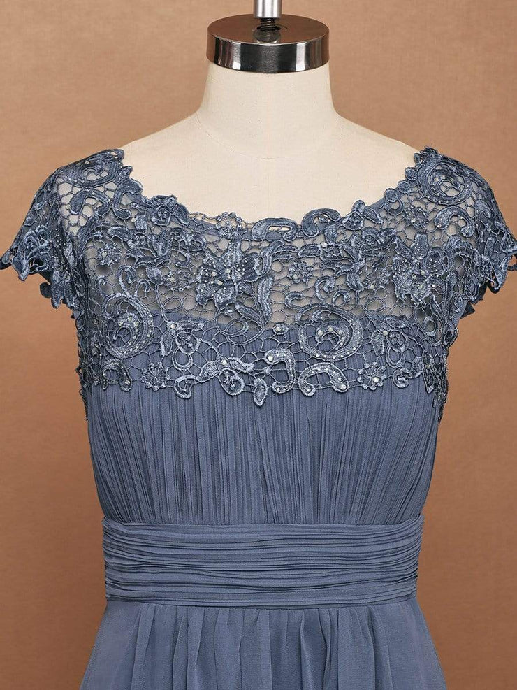 Custom Size Flattering A-Line Chiffon Lace Evening Dress for Wedding with Cap Sleeve