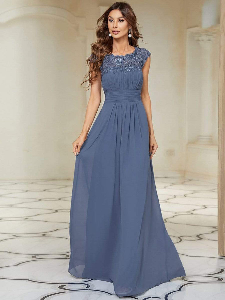 Custom Size Flattering A-Line Chiffon Lace Evening Dress for Wedding with Cap Sleeve