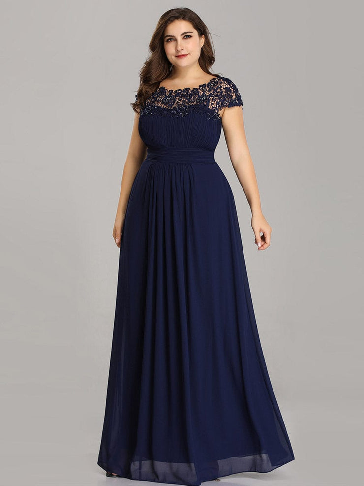 Custom Size Flattering A-Line Chiffon Lace Evening Dress for Wedding with Cap Sleeve