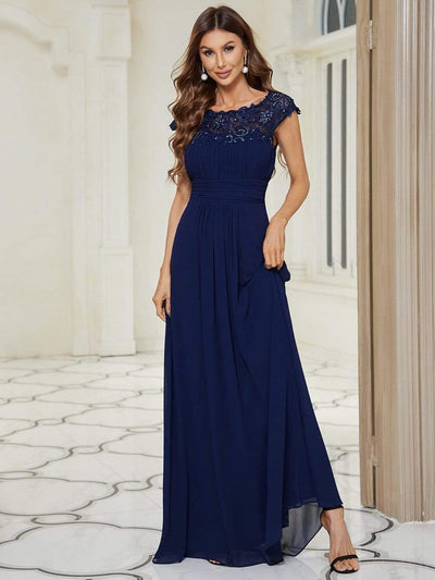 Custom Size Flattering A-Line Chiffon Lace Evening Dress for Wedding with Cap Sleeve