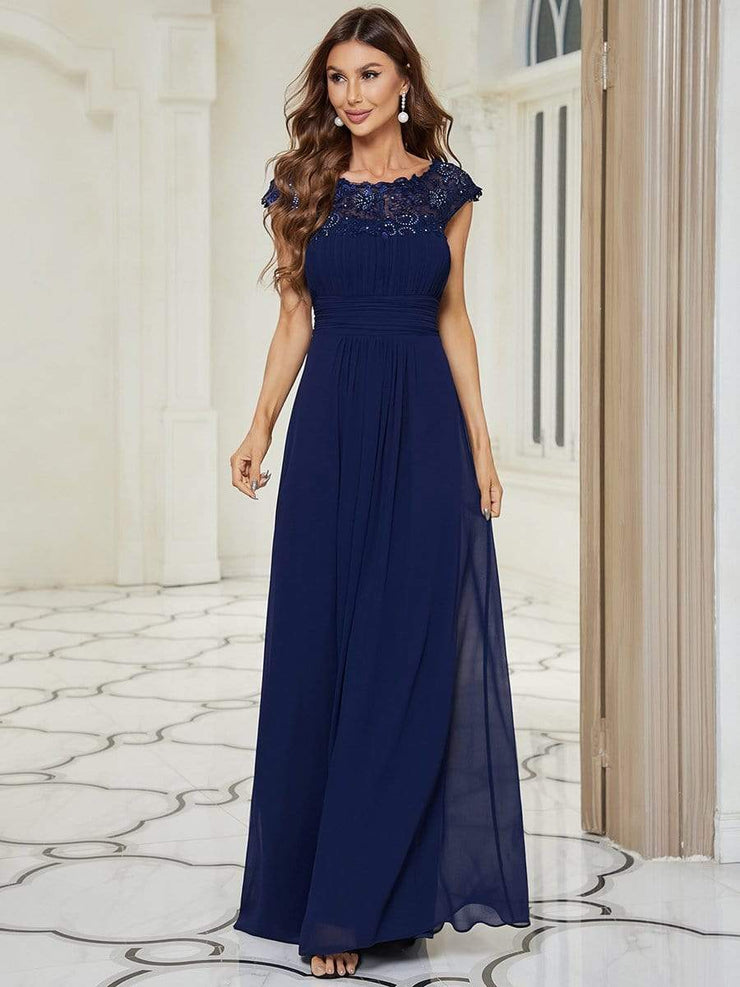 Custom Size Flattering A-Line Chiffon Lace Evening Dress for Wedding with Cap Sleeve