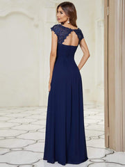 Custom Size Flattering A-Line Chiffon Lace Evening Dress for Wedding with Cap Sleeve