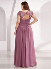 Custom Size Flattering A-Line Chiffon Lace Evening Dress for Wedding with Cap Sleeve