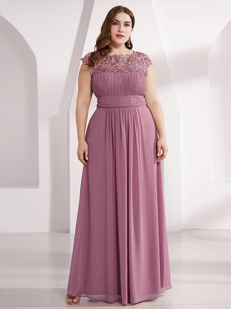 Custom Size Flattering A-Line Chiffon Lace Evening Dress for Wedding with Cap Sleeve