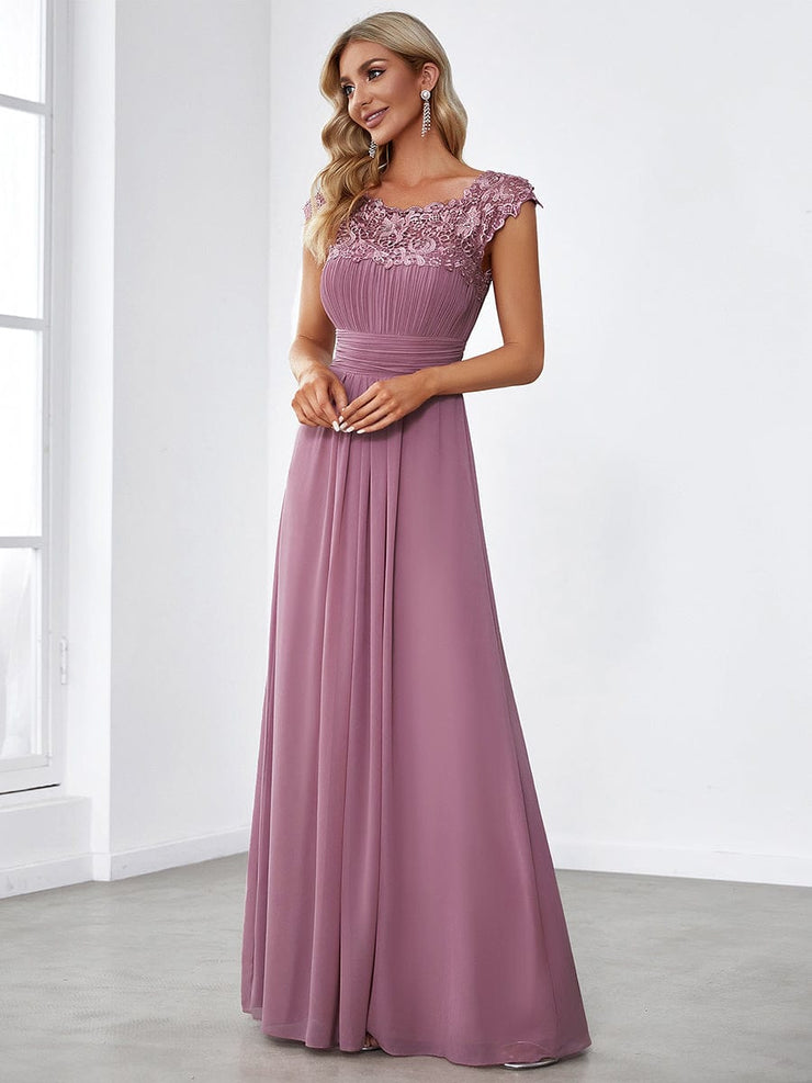 Custom Size Flattering A-Line Chiffon Lace Evening Dress for Wedding with Cap Sleeve