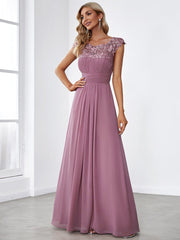 Custom Size Flattering A-Line Chiffon Lace Evening Dress for Wedding with Cap Sleeve