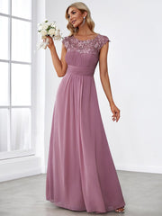 Custom Size Flattering A-Line Chiffon Lace Evening Dress for Wedding with Cap Sleeve