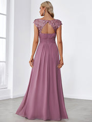 Custom Size Flattering A-Line Chiffon Lace Evening Dress for Wedding with Cap Sleeve