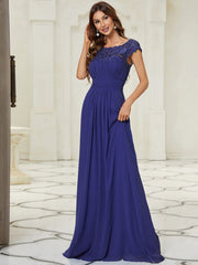 Custom Size Flattering A-Line Chiffon Lace Evening Dress for Wedding with Cap Sleeve