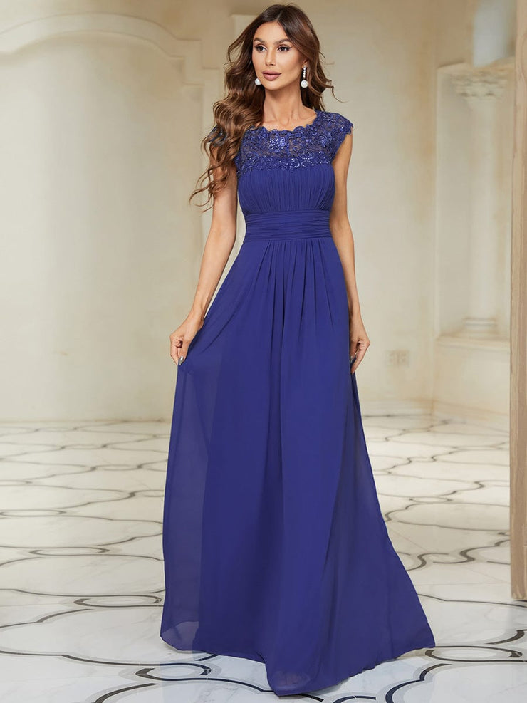 Custom Size Flattering A-Line Chiffon Lace Evening Dress for Wedding with Cap Sleeve