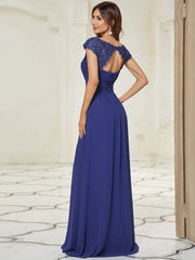 Custom Size Flattering A-Line Chiffon Lace Evening Dress for Wedding with Cap Sleeve