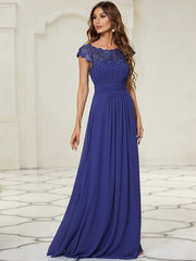 Custom Size Flattering A-Line Chiffon Lace Evening Dress for Wedding with Cap Sleeve