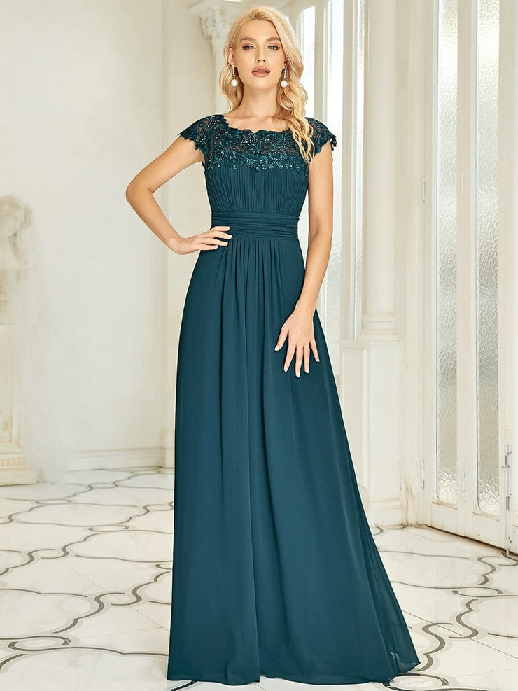 Custom Size Flattering A-Line Chiffon Lace Evening Dress for Wedding with Cap Sleeve