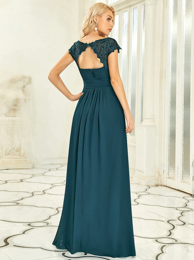 Custom Size Flattering A-Line Chiffon Lace Evening Dress for Wedding with Cap Sleeve