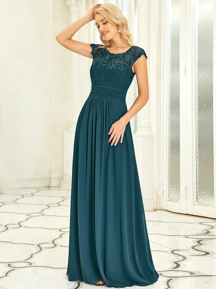 Custom Size Flattering A-Line Chiffon Lace Evening Dress for Wedding with Cap Sleeve