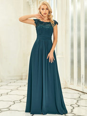 Custom Size Flattering A-Line Chiffon Lace Evening Dress for Wedding with Cap Sleeve