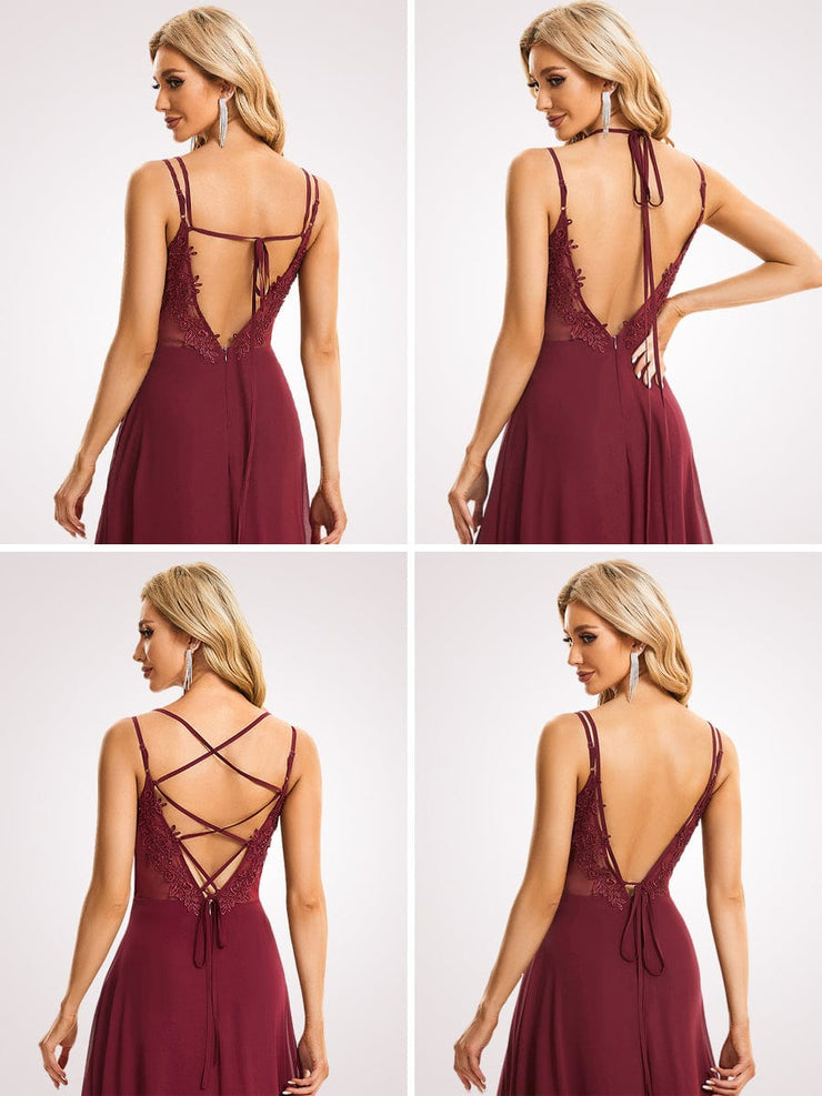 Custom Size Chiffon and Lace Open Back Bridesmaid Dress with Spaghetti Straps