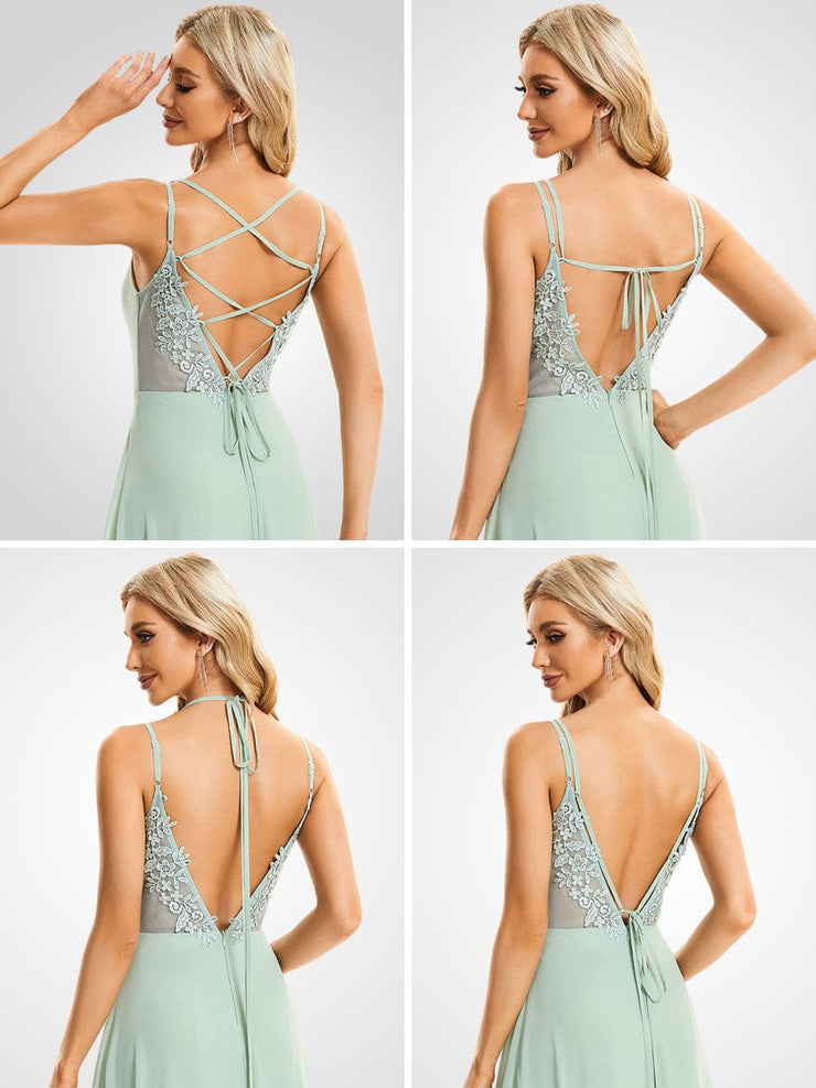 Custom Size Chiffon and Lace Open Back Bridesmaid Dress with Spaghetti Straps