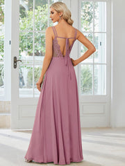 Custom Size Chiffon and Lace Open Back Bridesmaid Dress with Spaghetti Straps