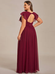 Custom Size Elegant V-Neck Open Back Chiffon Bridesmaid Dress with Ruffled Sleeves