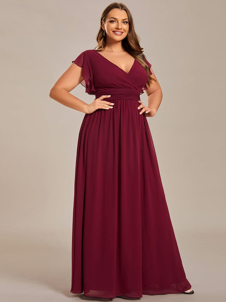 Custom Size Elegant V-Neck Open Back Chiffon Bridesmaid Dress with Ruffled Sleeves