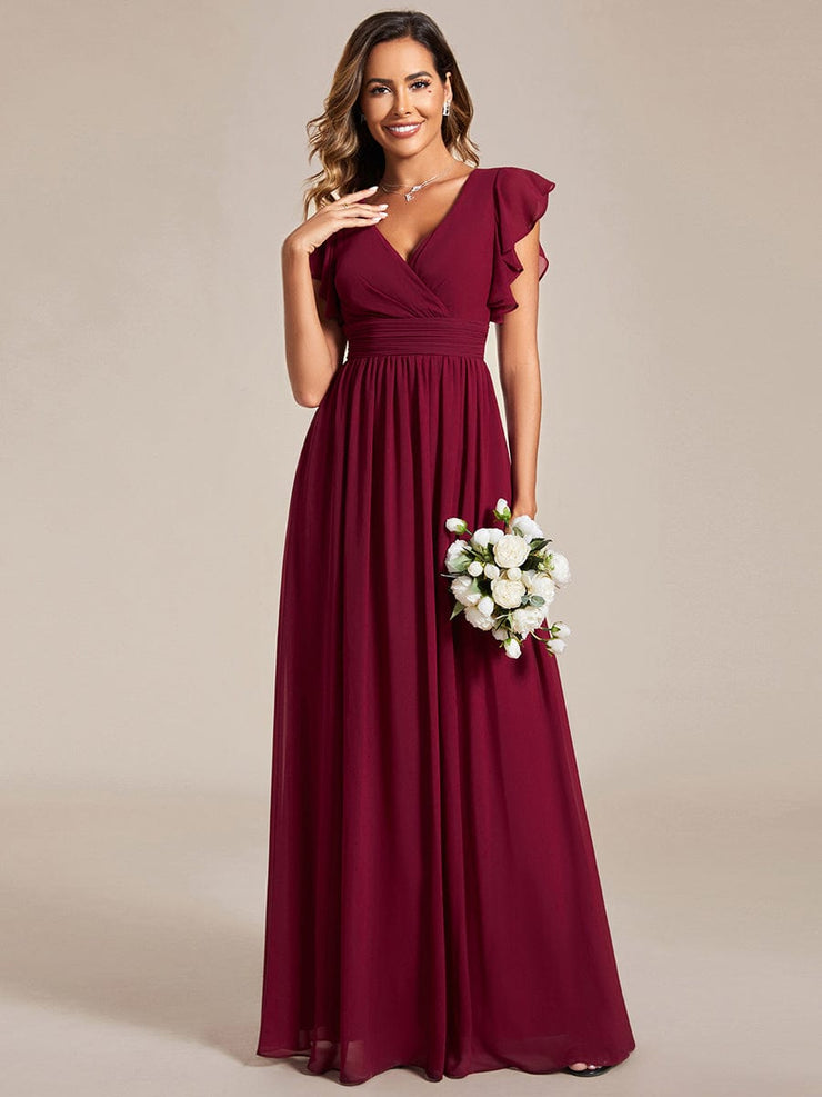 Custom Size Elegant V-Neck Open Back Chiffon Bridesmaid Dress with Ruffled Sleeves